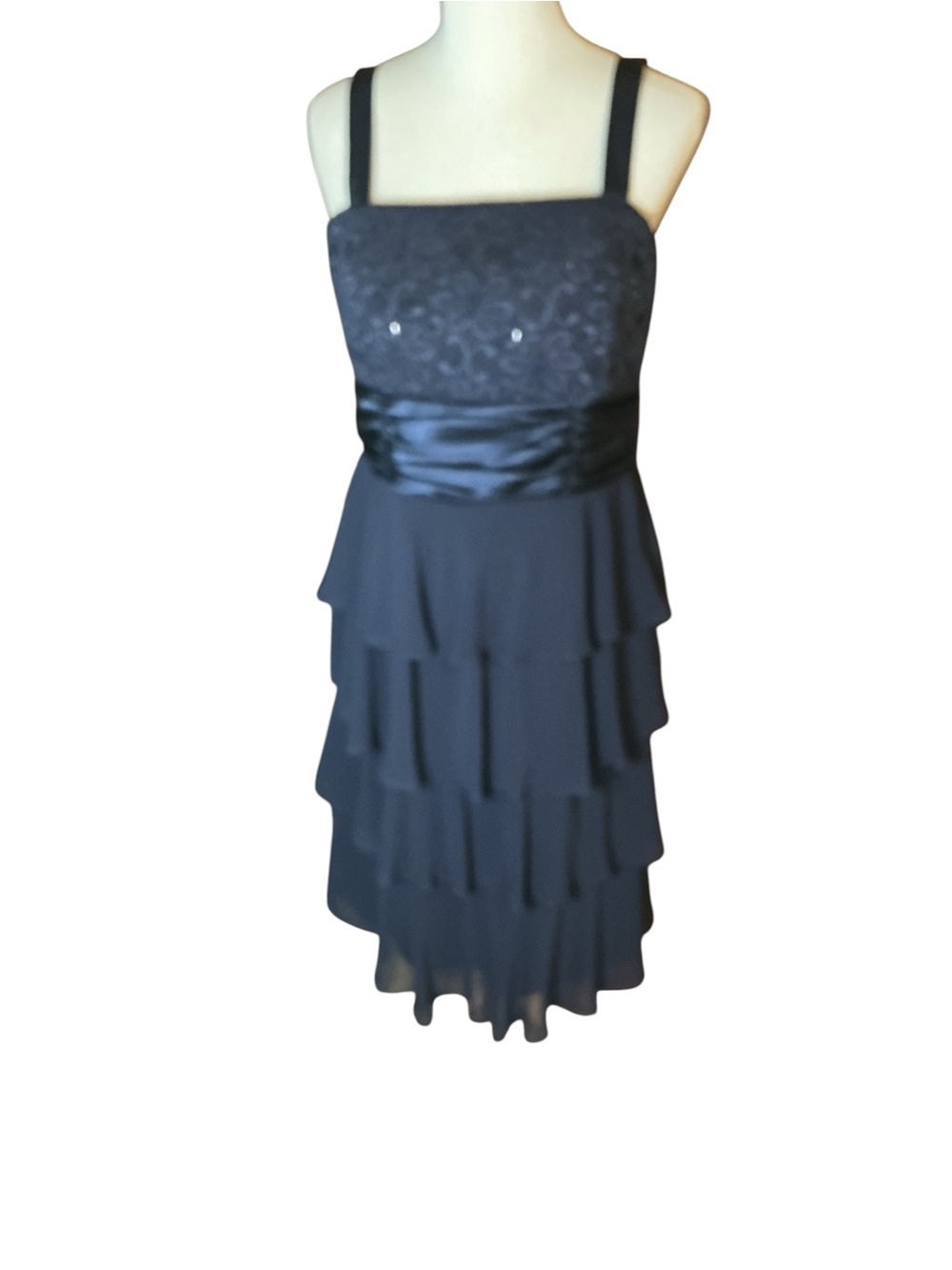 Spring wedding dress guest Navy Tiered Chiffon Evening Dress with Lace Bodice